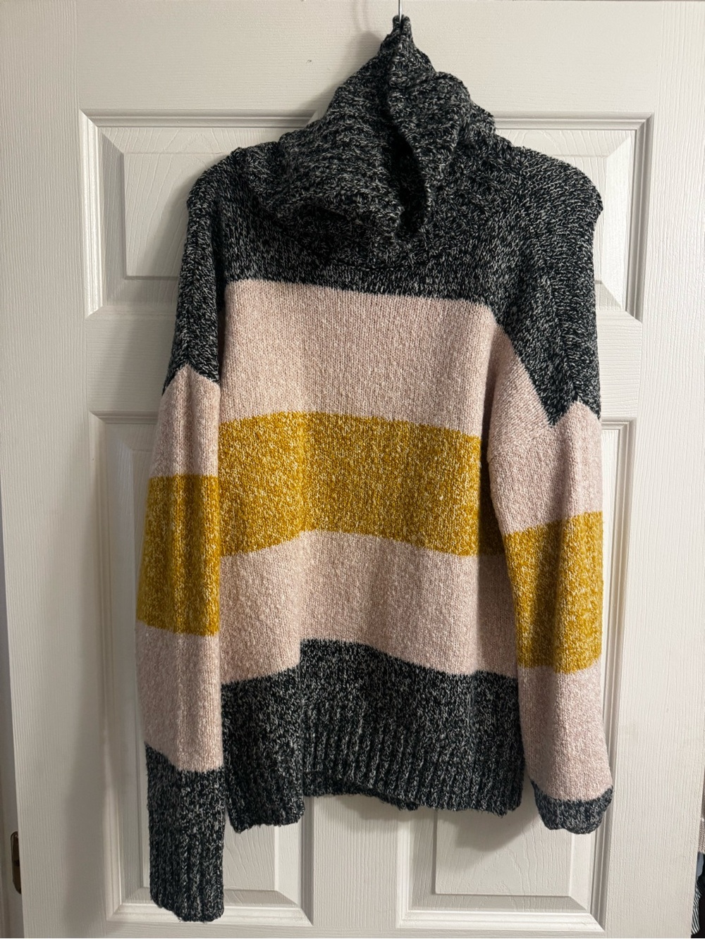 Olivia Sky Multicolor Funnel Neck Sweater in Charcoal, Blush & Mustard